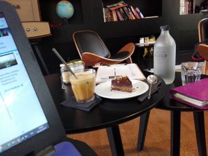 Raw vegan peanut butter chocolate cake from the Vegan Fairies and Vegan Freddo Cappuccino  with Soya milk! at Dizer Coffee Specialization in Athens