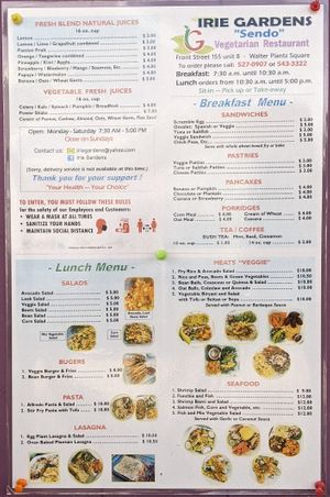 The current menu - note it's called "vegetarian restaurant" but actually serves seafood dishes as well at Irie Gardens in Philipsburg