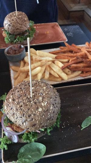 Vegan burger with french and sweet potato fries  at Peter Pane - Goldbekplatz in Hamburg