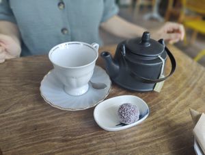 Vitality tea and red velvet ball at The Vegan Fairies in Nea Erythraia