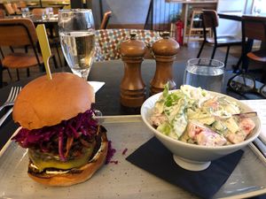 Beetroot burger  & delicious creamy crunchy salad at The Gate - Marylebone in London