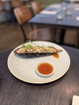 Miso Glazed Aubergine
with toasted cashew nuts, Ponzu sauce, micro coriander, sesame seeds  at The Gate - Marylebone in London