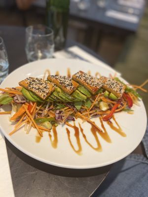 Green Dragon Salad
of glazed smoked tofu, avocado, sweet potato, red cabbage, pak choi, daikon, heritage carrot, peppers, with a Sake teriyaki & sesame dressing  at The Gate - Marylebone in London