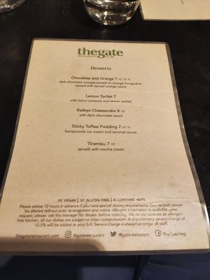 Desserts menu at The Gate - Marylebone in London