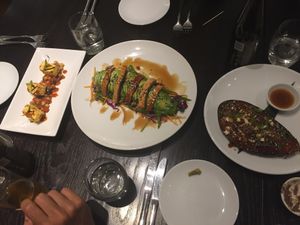 Miso glazed aubergine, tofu tikka and Green dragon salad at The Gate - Marylebone in London