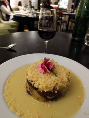 Prune and apple crumble with paired disgetif, Pedro Ximenex Emilio Hidalgo at The Gate - Marylebone in London