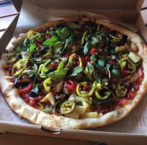 Vegan build your own pizza. Spicy red sauce, cheeze, and soyrizo. 11-inch. Yum at Blaze Pizza in Davis