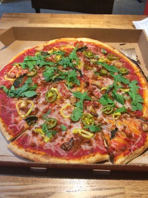 Vegan build-your-own pizza with cheeze and soyrizo. Delicioso!! at Blaze Pizza in Davis
