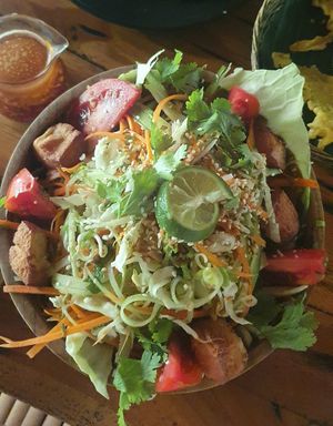 Vegan salad with tofu (huge bowl with rice noodles on bottom) at Galanga in Bunutan