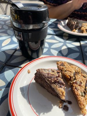 Tahini brownie, gluten free flapjack, long black. Happiness in a photo   at The Fields Beneath - Kentish Town in North West London