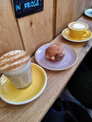 Chai, chocolate doughnut and flat white at The Fields Beneath - Kentish Town in North West London