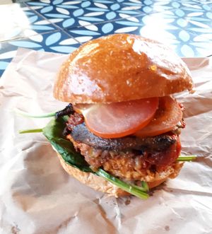 Vegan burger (£6). I am not a fan of burgers but we arrived late, when the shop was closing, and burgers were the only thing left. It was actually tasty and filling. at The Fields Beneath - Kentish Town in North West London