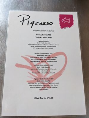 Wine menu at Farm Sanctuary SA in Franschhoek