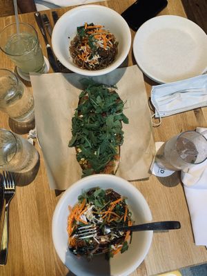 Korean bowl and truffle honey and pear flatbread   at True Food Kitchen in Chicago