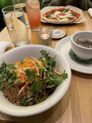 Noodle bowl: vegan and gluten free. Vegetarian pizza at the back.  at True Food Kitchen in Chicago