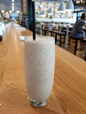 Banana, almond butter, almond milk, and date smoothie. at True Food Kitchen in Chicago