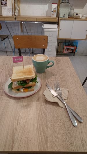 Fresh sandwich and cappuccino - great breakfast! at Chillin' Cafe in Madrid