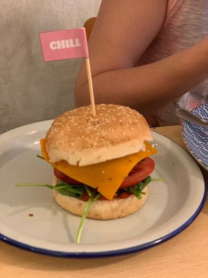 Chikn Burger - kind of small, but crispy and yummy.   at Chillin' Cafe in Madrid