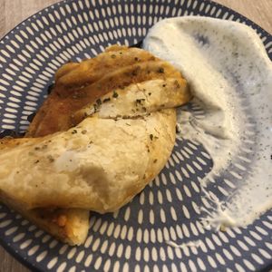 Pizza pastry slice (first course of menú del día) at Chillin' Cafe in Madrid