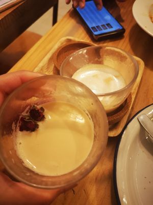 Rose oat milk capucinno and vanilla oat milk capucinno (back) - love both at Chillin' Cafe in Madrid