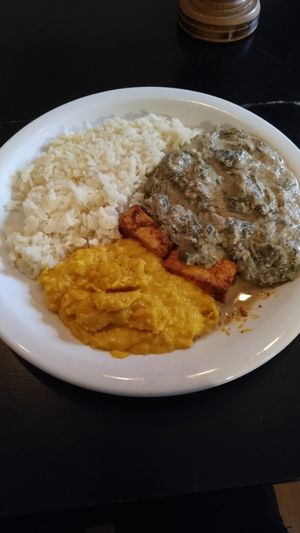 Bata: tofu, spinach, rice and corn at Congolinaria - Alfonso Bovero in Sao Paulo