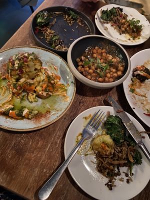 Our feast! Featuring disco cauliflower, chickpea dopiaza, mejadara   at Maray - Bold St in Liverpool