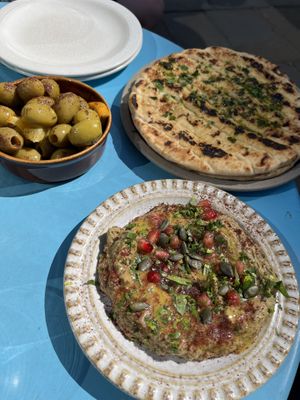 Olives, pitta, baba ghanoush  at Maray - Bold St in Liverpool