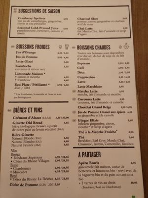 Menu at Le Pain Quotidien in Namur