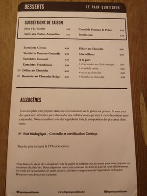 Menu at Le Pain Quotidien in Namur