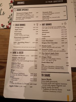 Menu at Le Pain Quotidien in Leuven