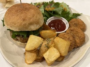 Teriyaki burger (minus mayo), fries and tofu nuggets  at Fluunt KOFU in Kofu