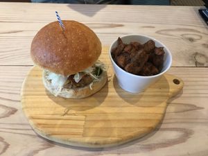 Veggie demi glace sake kasu cheese burger with fried soy meat at Fluunt KOFU in Kofu