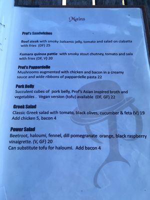 Menu jan 2019  at Prof's at Woodlands in Hamilton