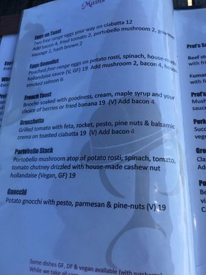 Menu jan 2019  at Prof's at Woodlands in Hamilton