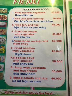 Menu at A Little Vietnam in Phong Nha