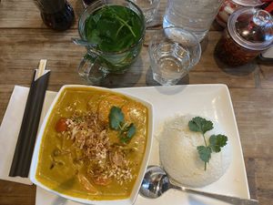 Curt with “this isn’t chickn” and mint tea  at Pho in Bristol