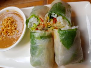 peanut sauce and rice paper rools at Pho in Bristol