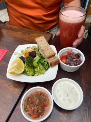 Salad as dish of the day. And Strawberry Juice    at Vegan Place in Vina Del Mar