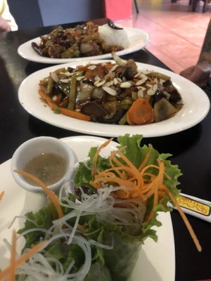 Spring rolls “bomb” stir fried shiitake mushrooms” hands down the best I have had”, General Taos fried veggies” also bomb" at House of Ginger in Uvita