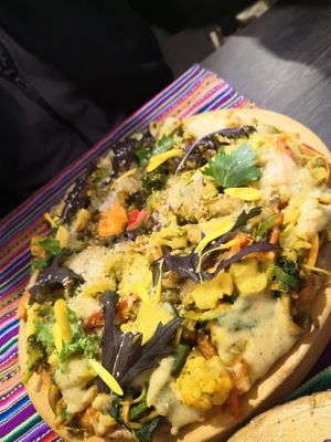 Vegan pizza at Vida Vegan Bistro in Cusco