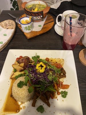 Seitan stew and quinoa soup  at Vida Vegan Bistro in Cusco