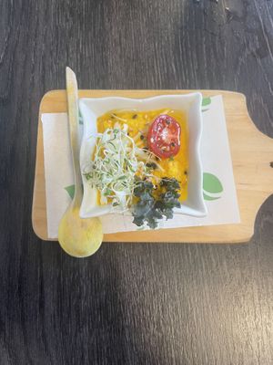 Carrot hummus amuse bouche  at Vida Vegan Bistro in Cusco