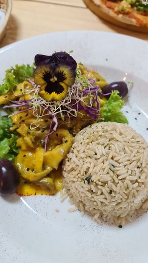 Aji Mushrooms with rice and potato at Vida Vegan Bistro in Cusco