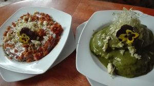 lasagna a la boloñesa vegana y ravioles de queso con salsa pesto at Vida Vegan Bistro in Cusco