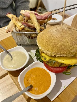 Chickpea burger & fries  at Vida Vegan Bistro in Cusco