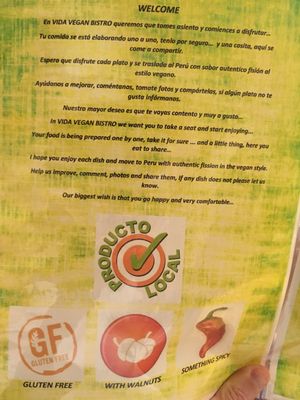 menu at Vida Vegan Bistro in Cusco