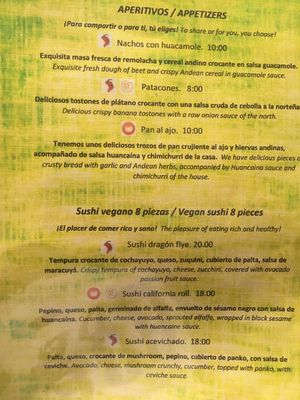 menu at Vida Vegan Bistro in Cusco
