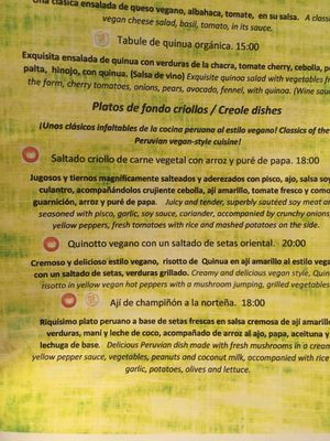 menu at Vida Vegan Bistro in Cusco