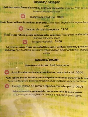 menu at Vida Vegan Bistro in Cusco