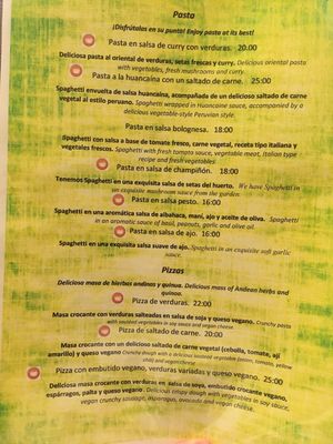 menu at Vida Vegan Bistro in Cusco